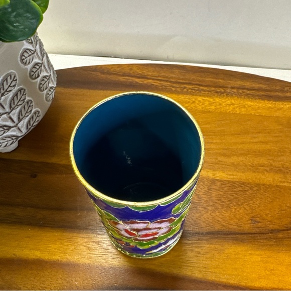 Chinese Cloisonné Enamel Brushes Pot Royal Blue Floral - Picture 2 of 4